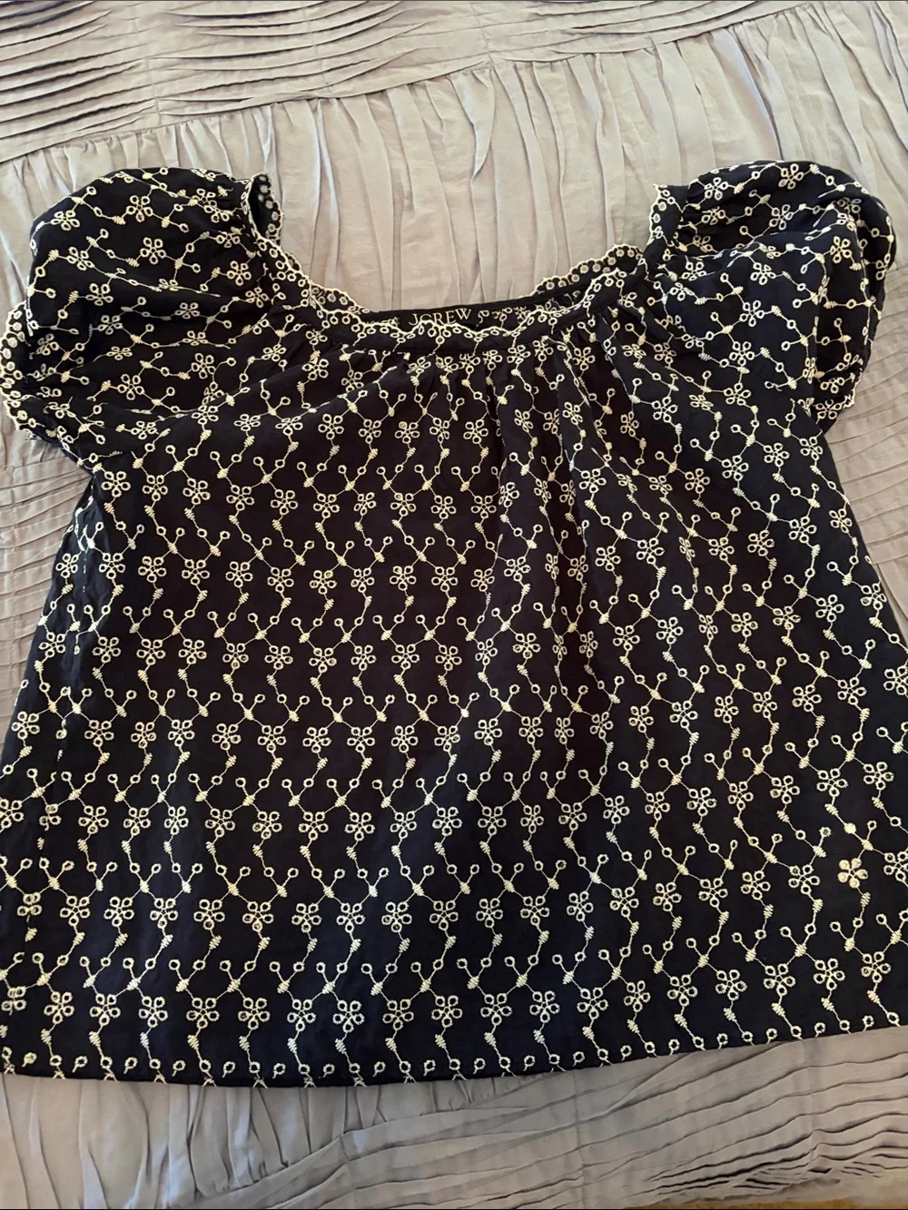 J. Crew navyTop with White Floral Embroidery and Puff Sleeves